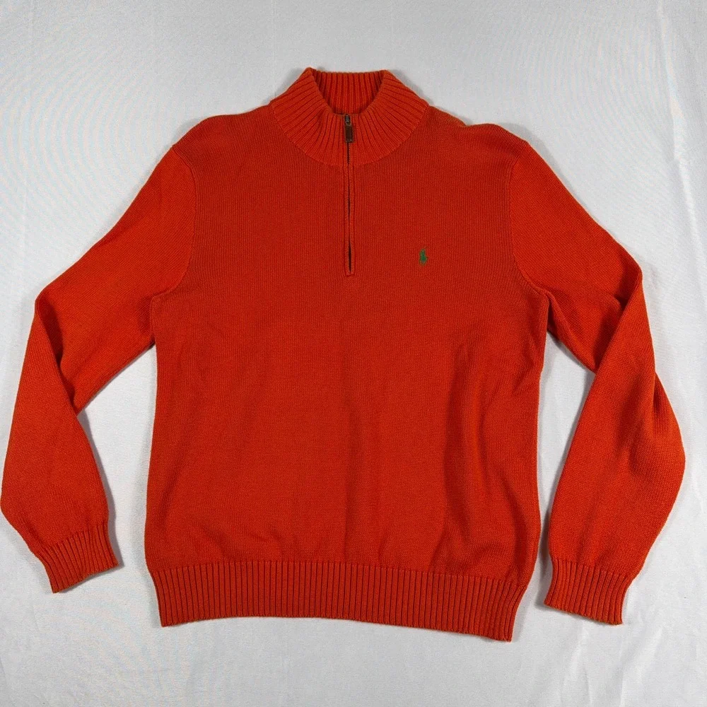 Polo Ralph‎ Lauren Quarter Zip Sweater Orange Cotton Knit Mens Large